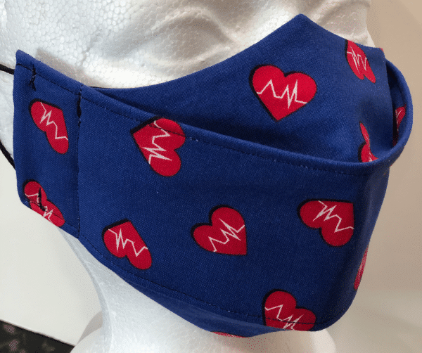 Royal Blue with White Pulse on Red Hearts Mask