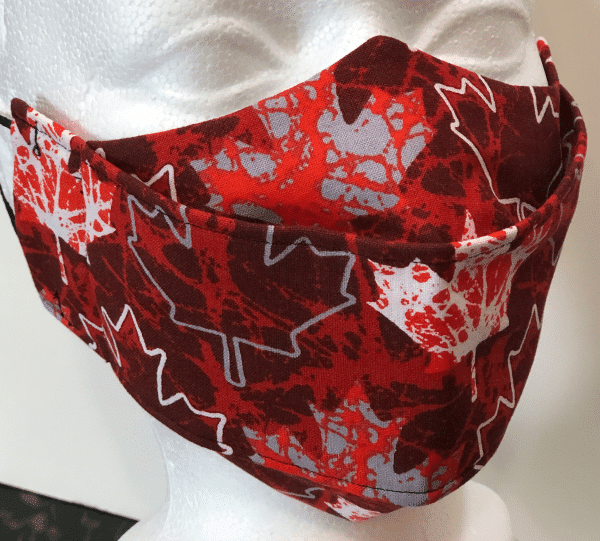 Dark red base with white, red and silver maple leaves Mask