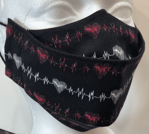 Black with Red and White Pulse and Hearts Mask