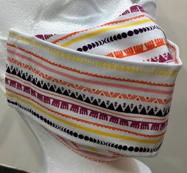 Cream Base Geometric lines and shapes Orange Pink Yellow Purple Black mask